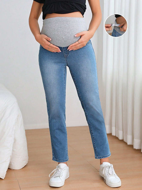 SHEIN جينز بساق مستقيم شريط خصر واسع للأمومة - Pink&blue