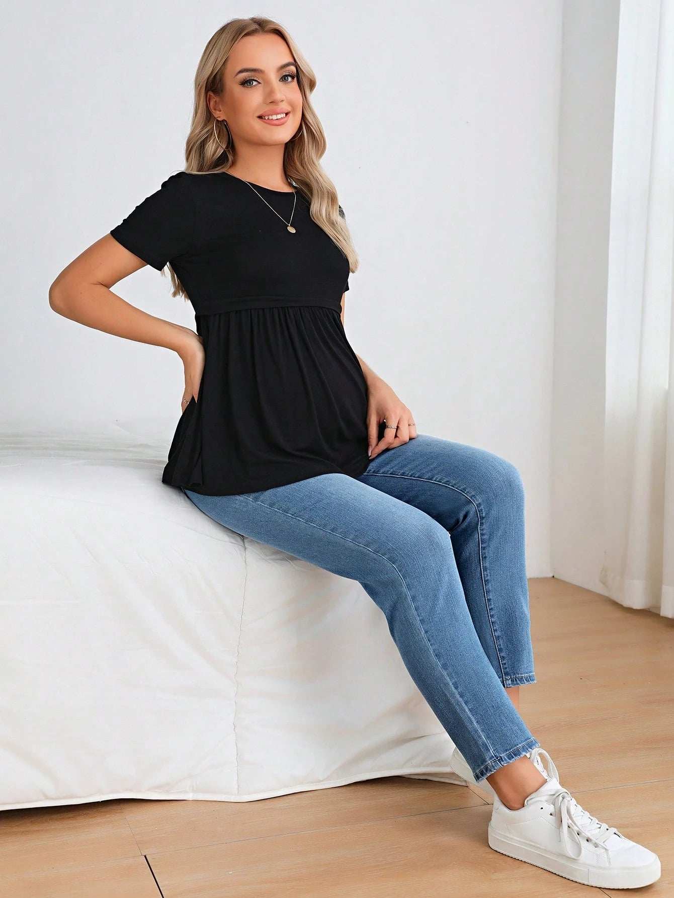 SHEIN جينز بساق مستقيم شريط خصر واسع للأمومة - Pink&blue