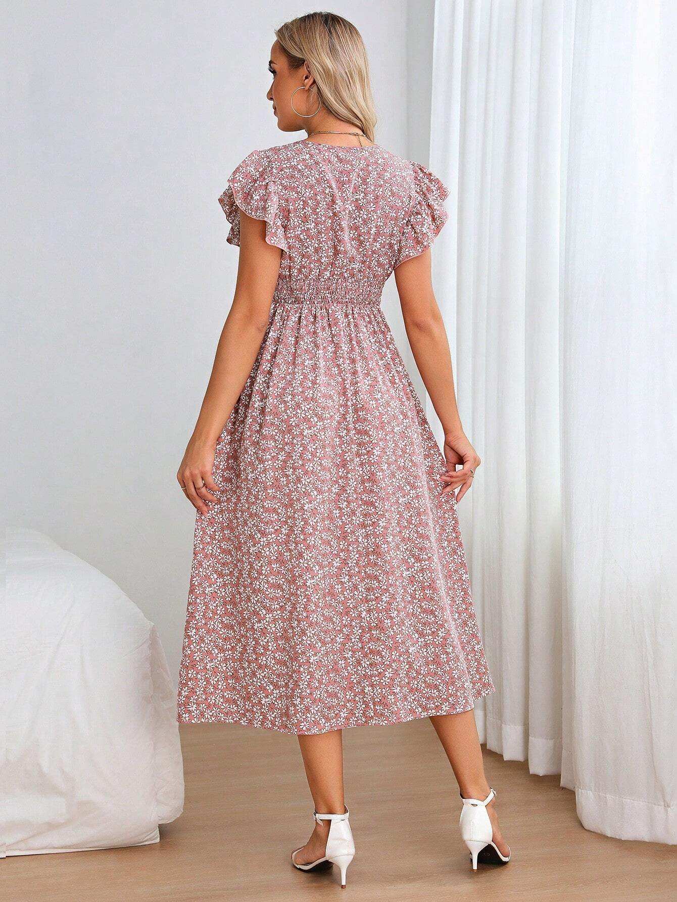 فستان بطباعة أزهار اقحوان اكمام فراشة للأمومة - Pink&blue