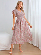 فستان بطباعة أزهار اقحوان اكمام فراشة للأمومة - Pink&blue