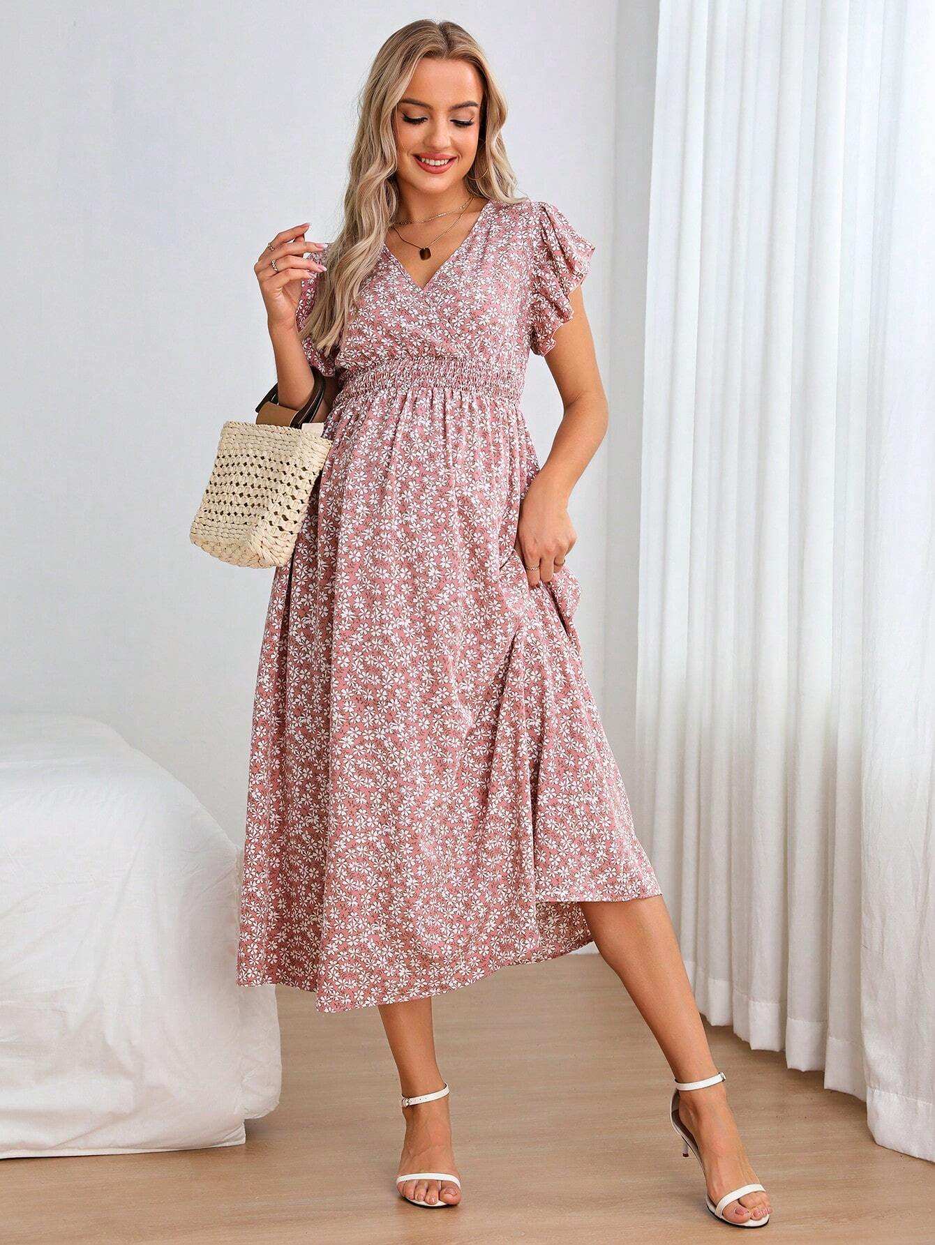 فستان بطباعة أزهار اقحوان اكمام فراشة للأمومة - Pink&blue