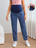 جينز بساق مستقيم شريط خصر واسع بخصر قابل للتعديل للأمومة - Pink&blue