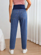 جينز بساق مستقيم شريط خصر واسع بخصر قابل للتعديل للأمومة - Pink&blue