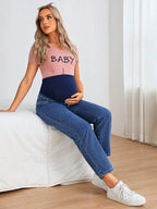 جينز بساق مستقيم شريط خصر واسع بخصر قابل للتعديل للأمومة - Pink&blue