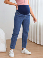 جينز بساق مستقيم شريط خصر واسع بخصر قابل للتعديل للأمومة - Pink&blue