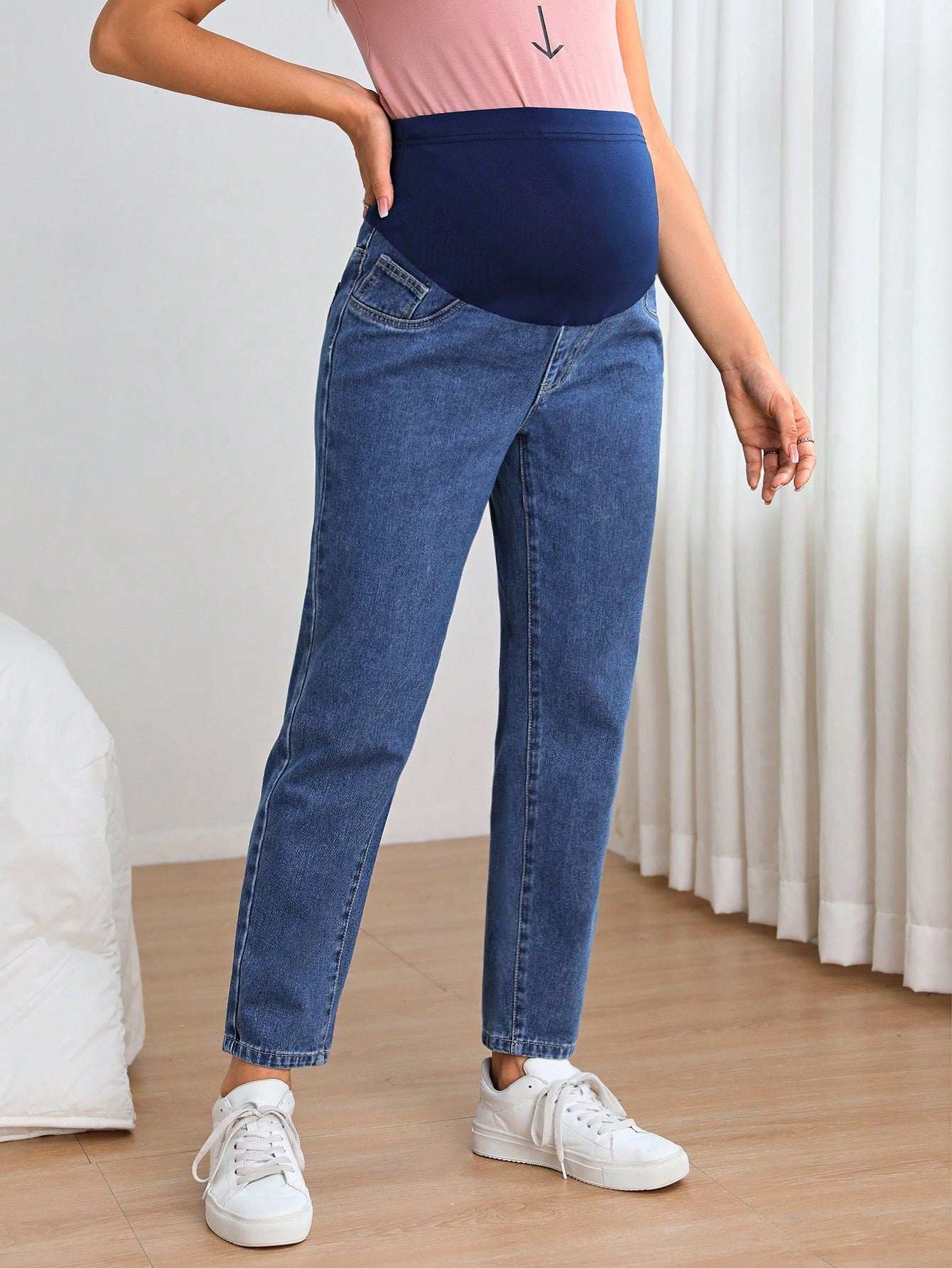 جينز بساق مستقيم شريط خصر واسع بخصر قابل للتعديل للأمومة - Pink&blue