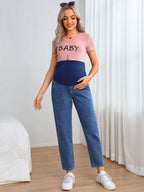 جينز بساق مستقيم شريط خصر واسع بخصر قابل للتعديل للأمومة - Pink&blue