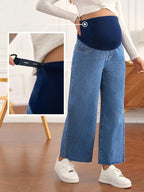 بنطلون جينز قابل للتعديل خصر مرن بحافة مهتري الحواف ساق عريضة للأمومة - Pink&blue