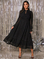 فستان للحوامل أكمام رقراقة مزين بكشكشة وربطة عنق بنقاط سويسرية، للحفلات - Pink&blue