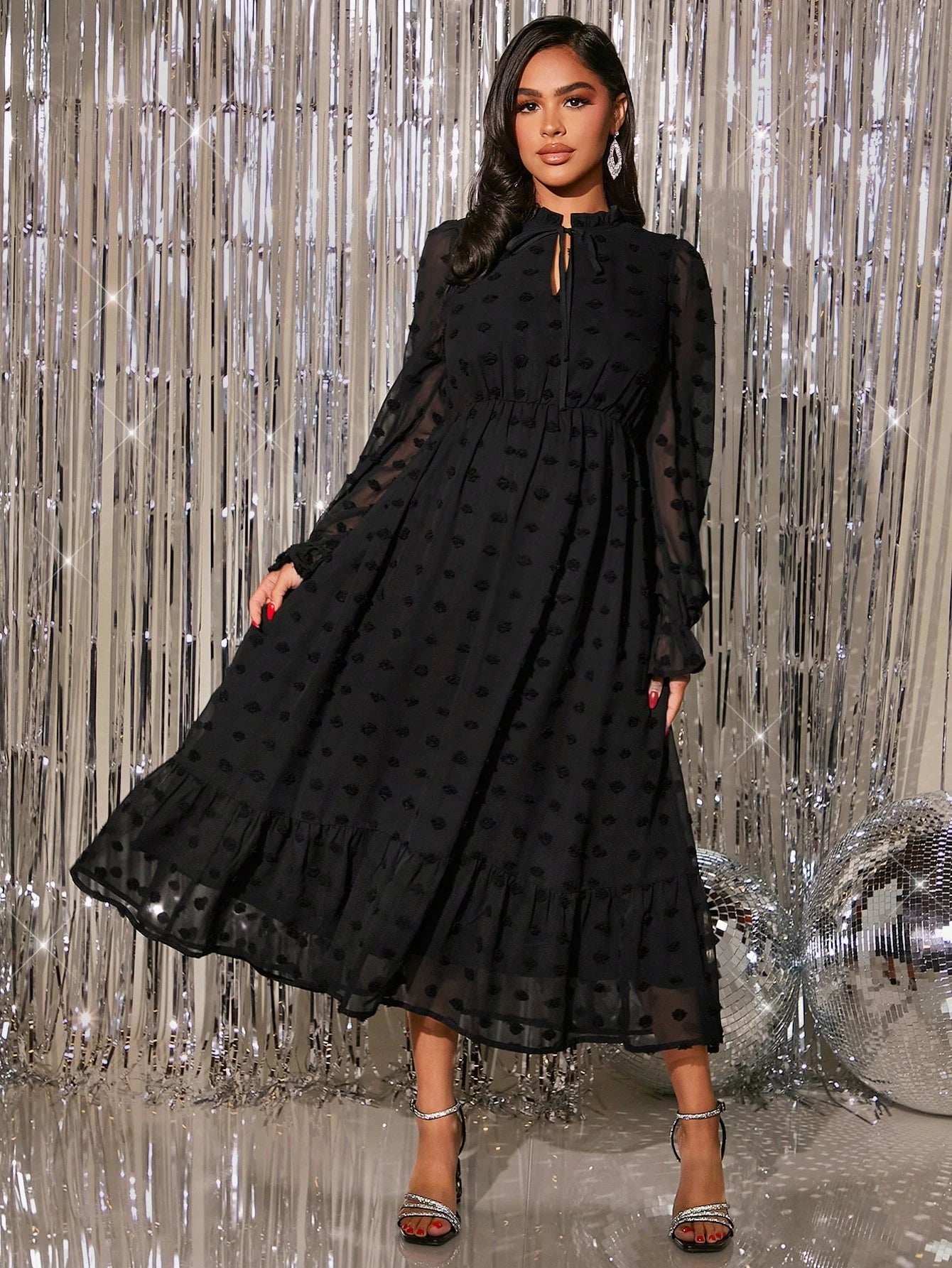 فستان للحوامل أكمام رقراقة مزين بكشكشة وربطة عنق بنقاط سويسرية، للحفلات - Pink&blue