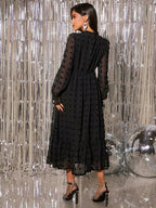 فستان للحوامل أكمام رقراقة مزين بكشكشة وربطة عنق بنقاط سويسرية، للحفلات - Pink&blue