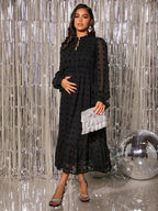 فستان للحوامل أكمام رقراقة مزين بكشكشة وربطة عنق بنقاط سويسرية، للحفلات - Pink&blue