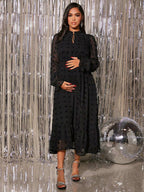 فستان للحوامل أكمام رقراقة مزين بكشكشة وربطة عنق بنقاط سويسرية، للحفلات - Pink&blue