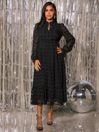 فستان للحوامل أكمام رقراقة مزين بكشكشة وربطة عنق بنقاط سويسرية، للحفلات - Pink&blue