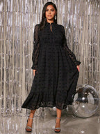 فستان للحوامل أكمام رقراقة مزين بكشكشة وربطة عنق بنقاط سويسرية، للحفلات - Pink&blue