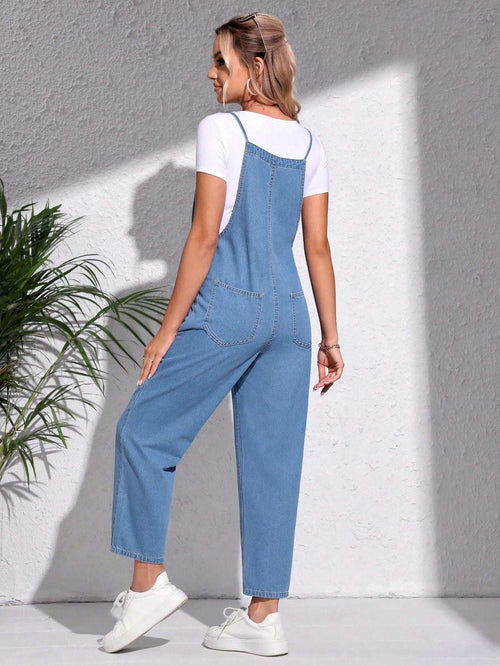 أفرول دنيم مرقع جيب بدون تي شيرت للأمومة - Pink&blue