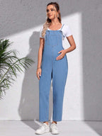 أفرول دنيم مرقع جيب بدون تي شيرت للأمومة - Pink&blue