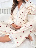 طقم بيجامة/بدلة نوم للأم ذو طبعة قلب تباين مزين بكشكشة الدانتيل - Pink&blue