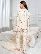 طقم بيجامة/بدلة نوم للأم ذو طبعة قلب تباين مزين بكشكشة الدانتيل - Pink&blue