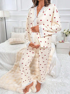 طقم بيجامة/بدلة نوم للأم ذو طبعة قلب تباين مزين بكشكشة الدانتيل - Pink&blue