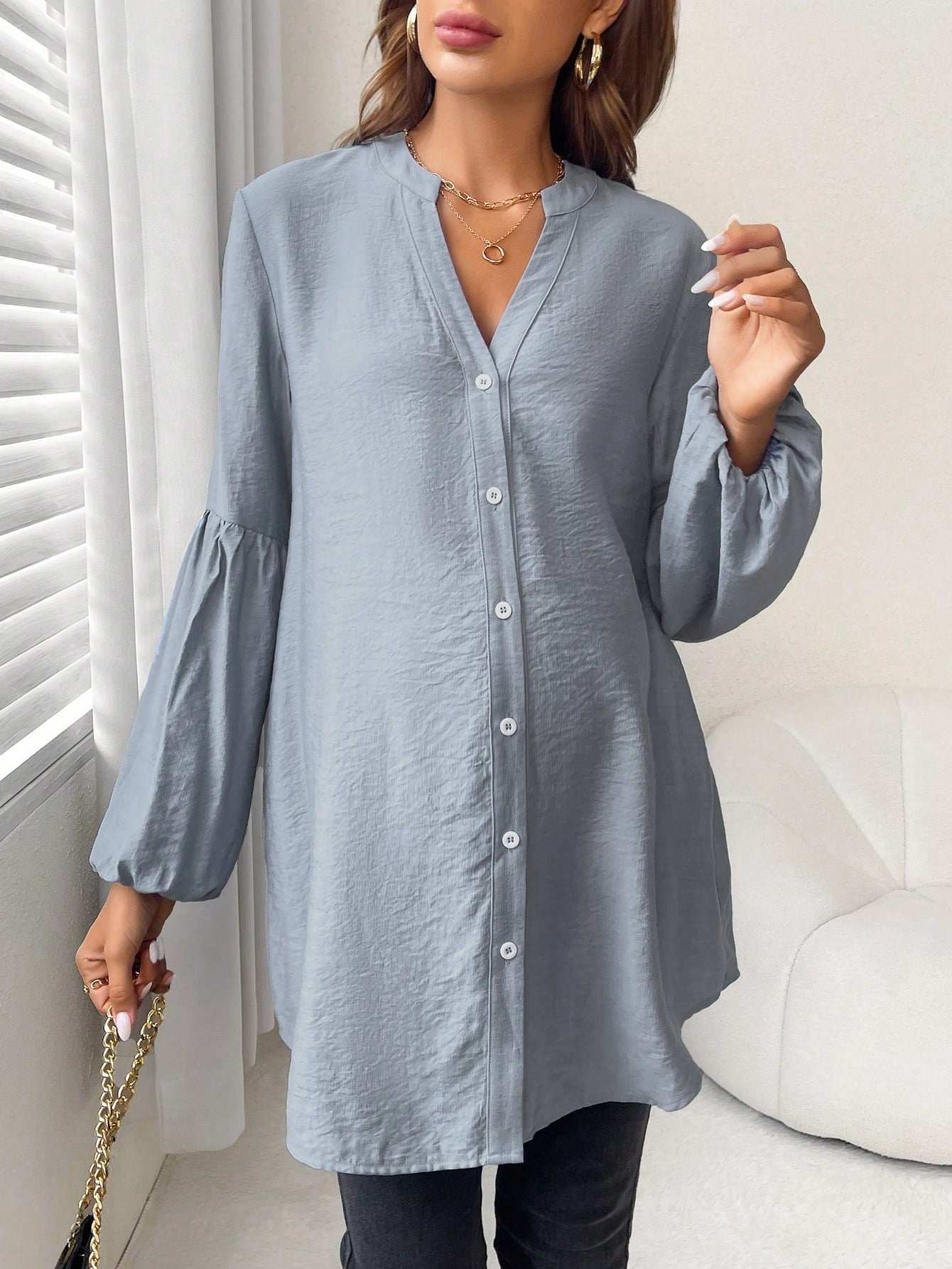 بلوزة خط عنق مفتوح أكمام فانوس للأمومة - Pink&blue