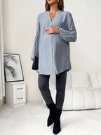 بلوزة خط عنق مفتوح أكمام فانوس للأمومة - Pink&blue