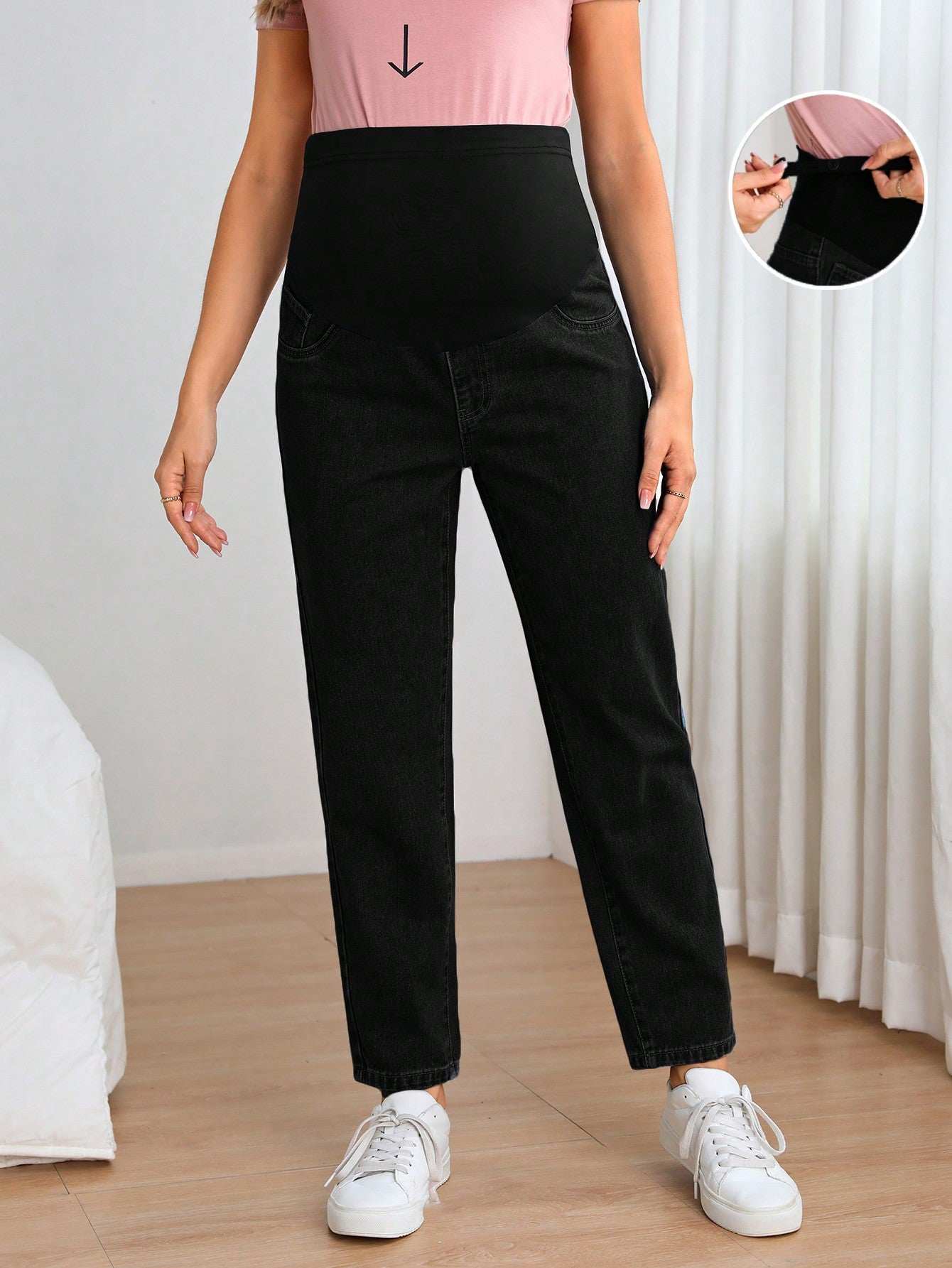 جينز ممتد مستقيم الساق قابل للتعديل للأمهات الحوامل - Pink&blue