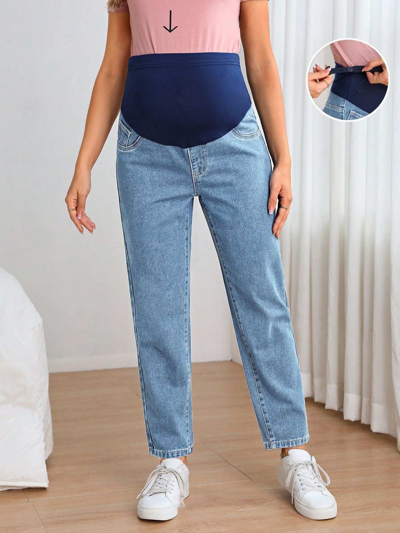 جينز بساق مستقيم شريط خصر واسع للأمومة - Pink&blue