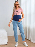 جينز بساق مستقيم شريط خصر واسع للأمومة - Pink&blue