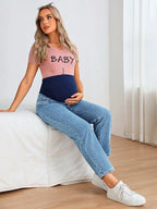 جينز بساق مستقيم شريط خصر واسع للأمومة - Pink&blue