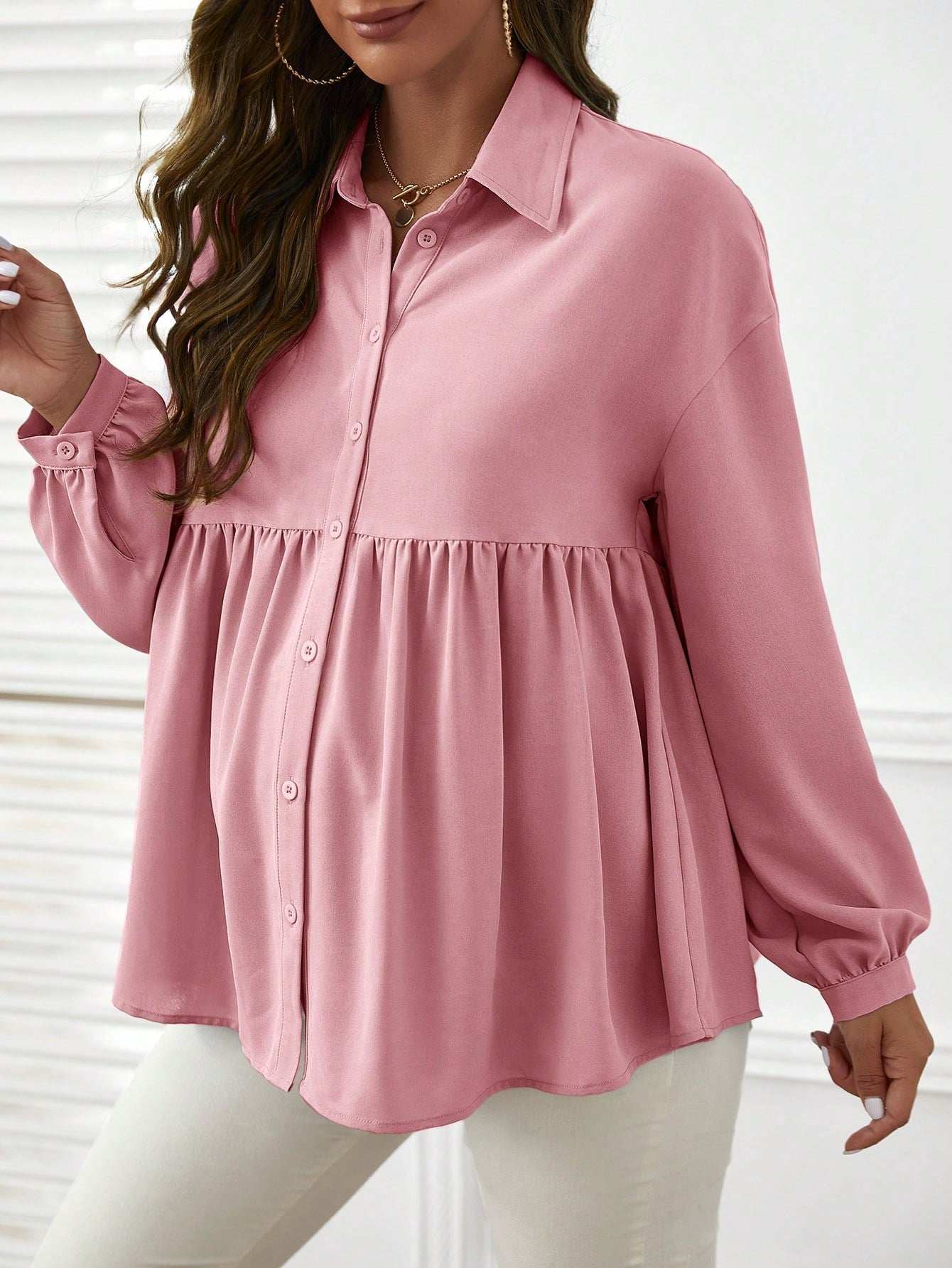 قميص فضفاض مريح كاجوال بأكمام طويلة ومطوي أمامي لنساء الحمل - Pink&blue