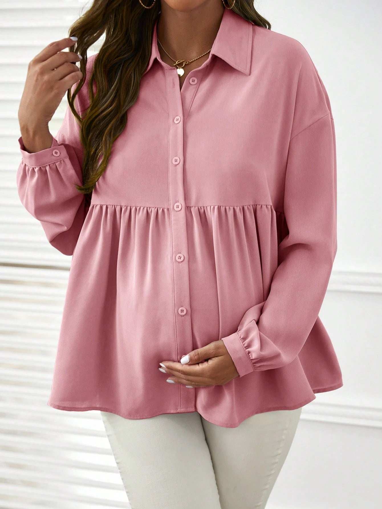 قميص فضفاض مريح كاجوال بأكمام طويلة ومطوي أمامي لنساء الحمل - Pink&blue