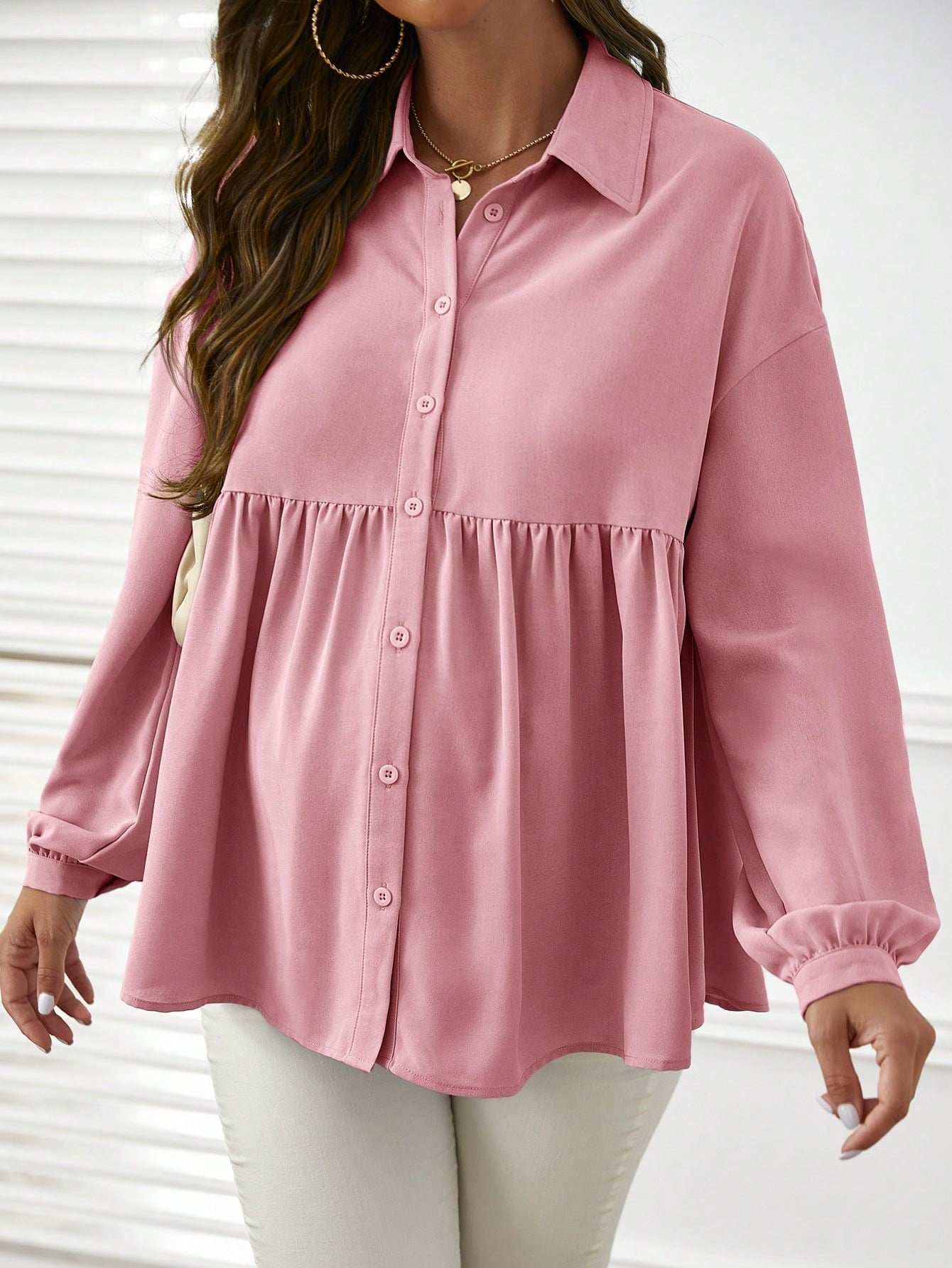 قميص فضفاض مريح كاجوال بأكمام طويلة ومطوي أمامي لنساء الحمل - Pink&blue