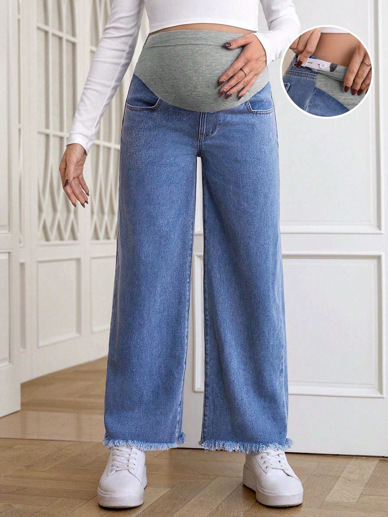 بنطلون جينز ساق عريضة حافة خام للأمومة - Pink&blue