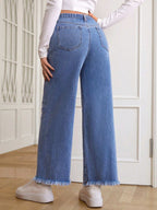 بنطلون جينز ساق عريضة حافة خام للأمومة - Pink&blue