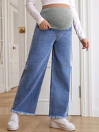 بنطلون جينز ساق عريضة حافة خام للأمومة - Pink&blue