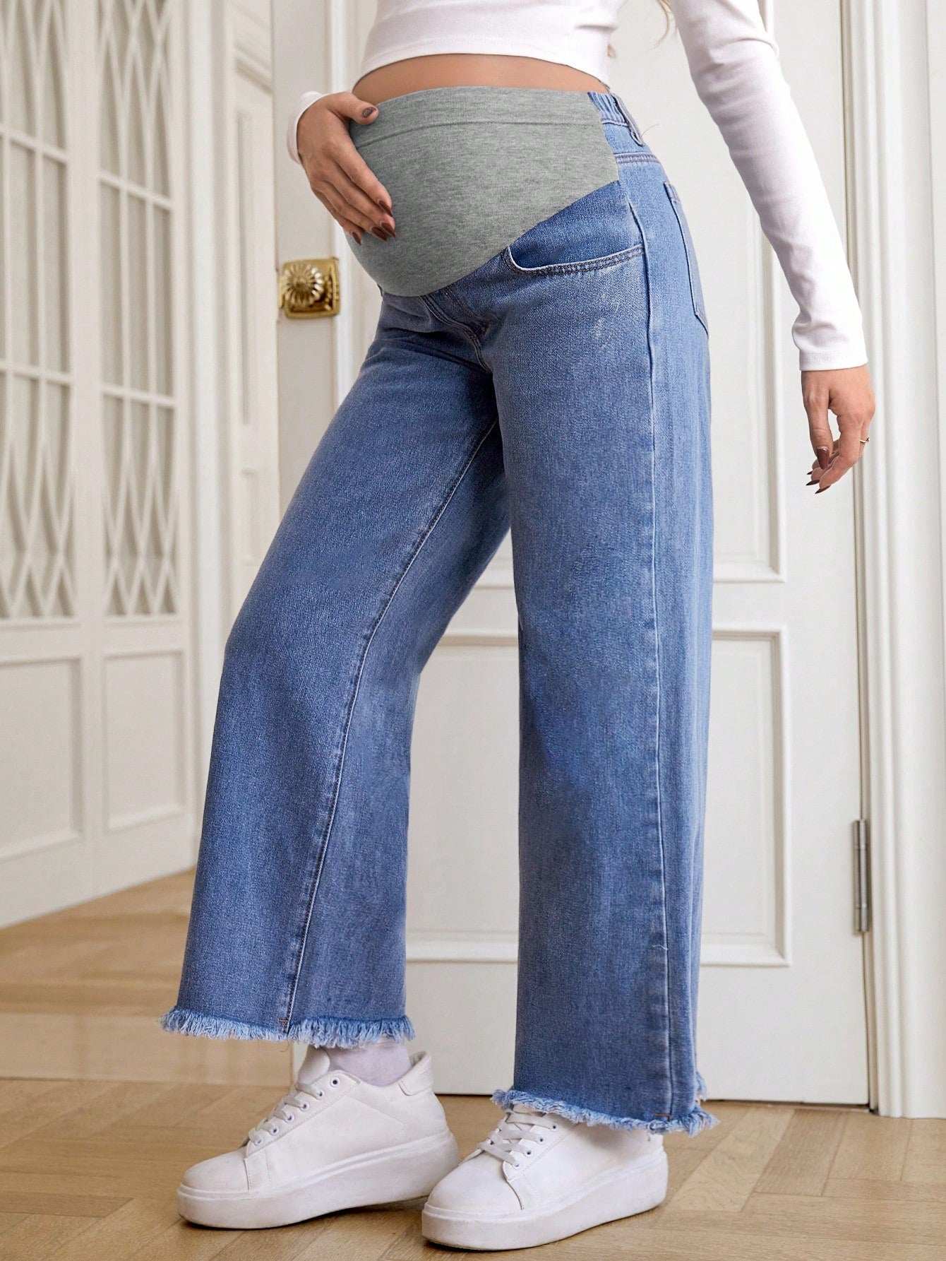 بنطلون جينز ساق عريضة حافة خام للأمومة - Pink&blue