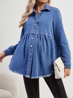 قميص جينز للحوامل بأكمام طويلة ذو حافة خام وخصر ممتلئ ومزود بأزرار أمامية - Pink&blue