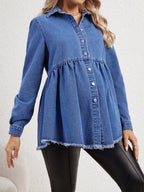 قميص جينز للحوامل بأكمام طويلة ذو حافة خام وخصر ممتلئ ومزود بأزرار أمامية - Pink&blue