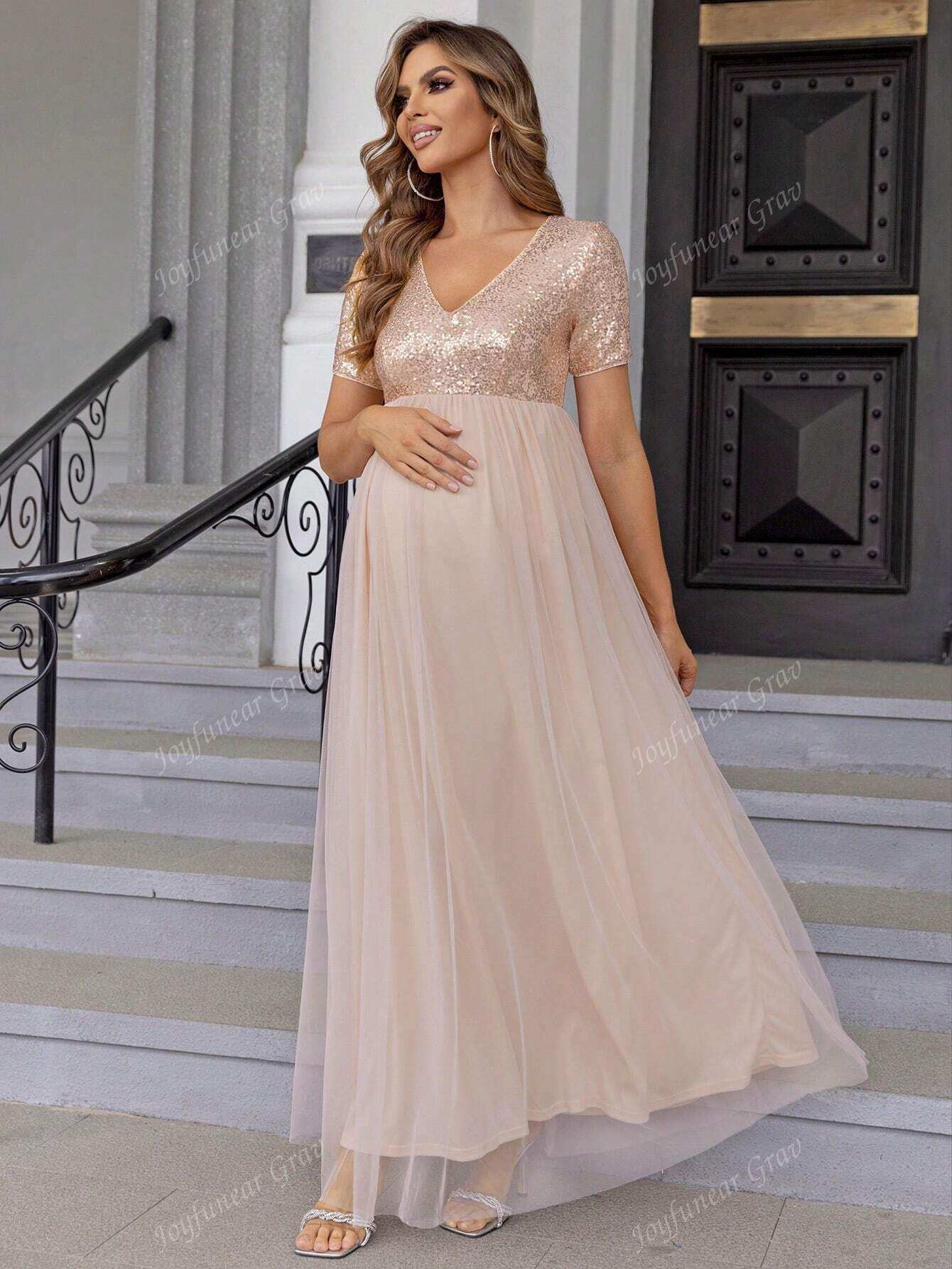 فستان أنيق من التول المرصع بالترتر للحوامل، مناسب للحفلات - Pink&blue