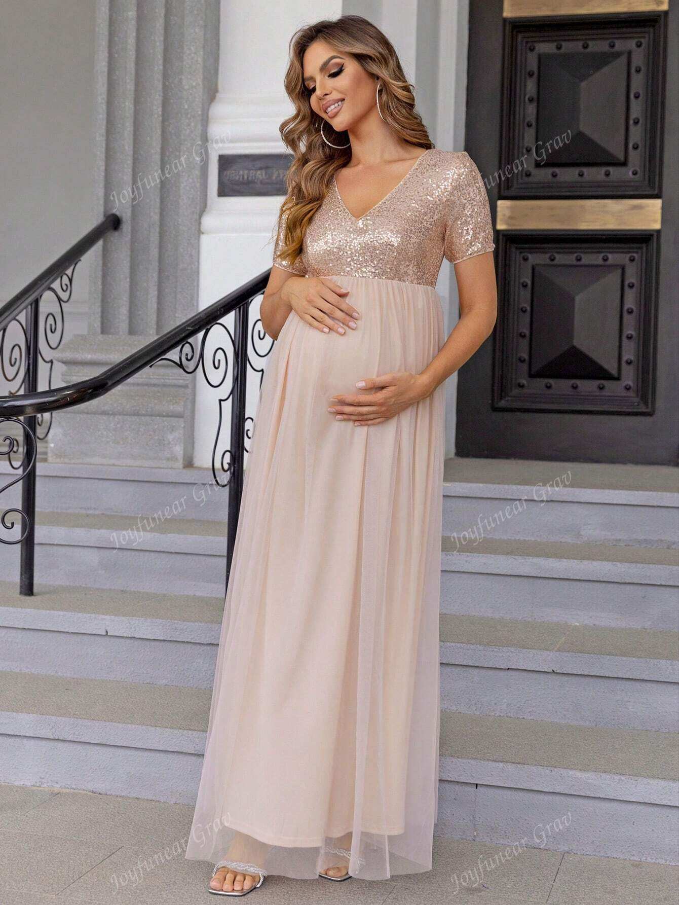 فستان أنيق من التول المرصع بالترتر للحوامل، مناسب للحفلات - Pink&blue