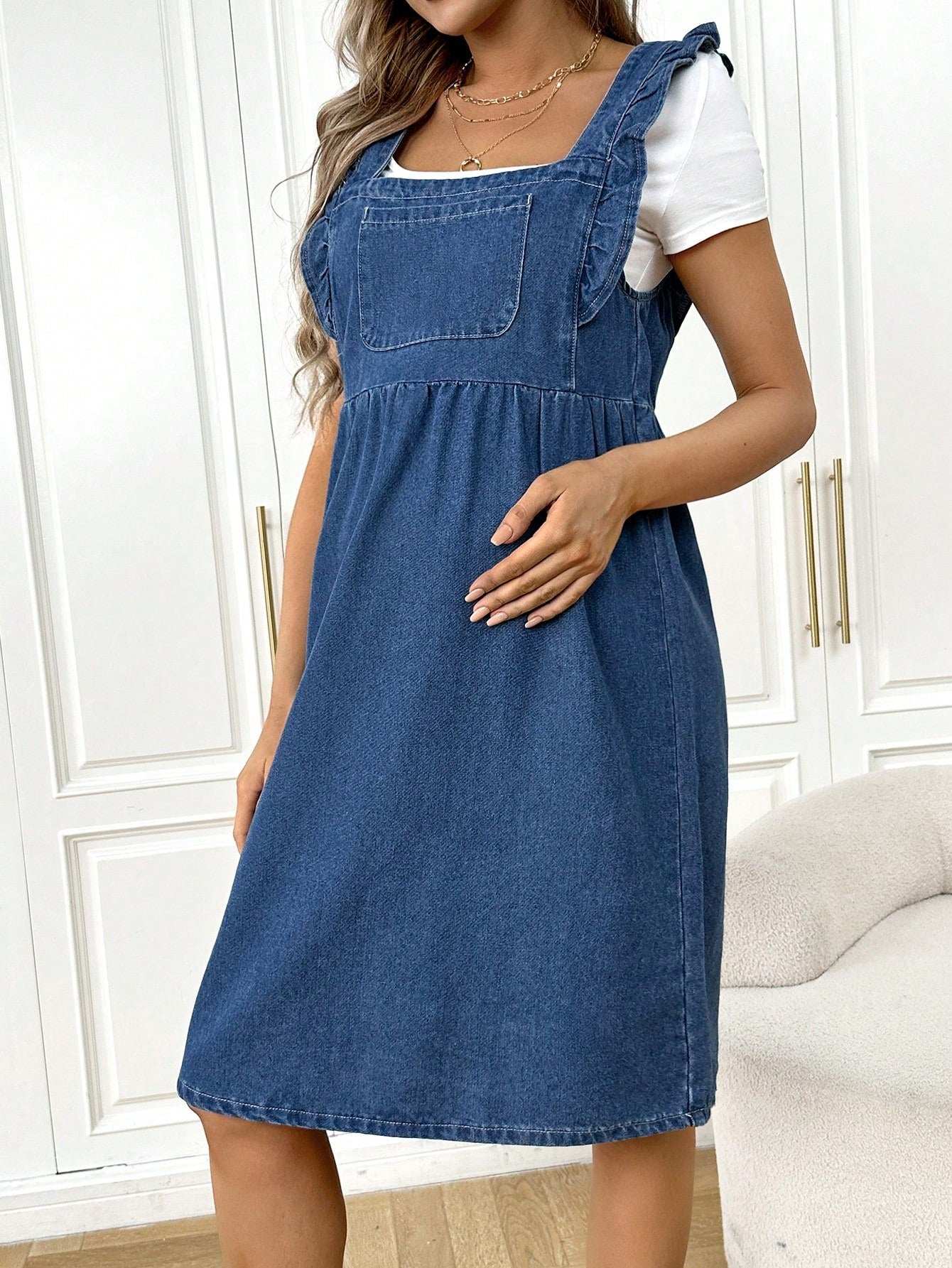 فستان الدنيم الأمومة مع [هملين] تكدرت - Pink&blue