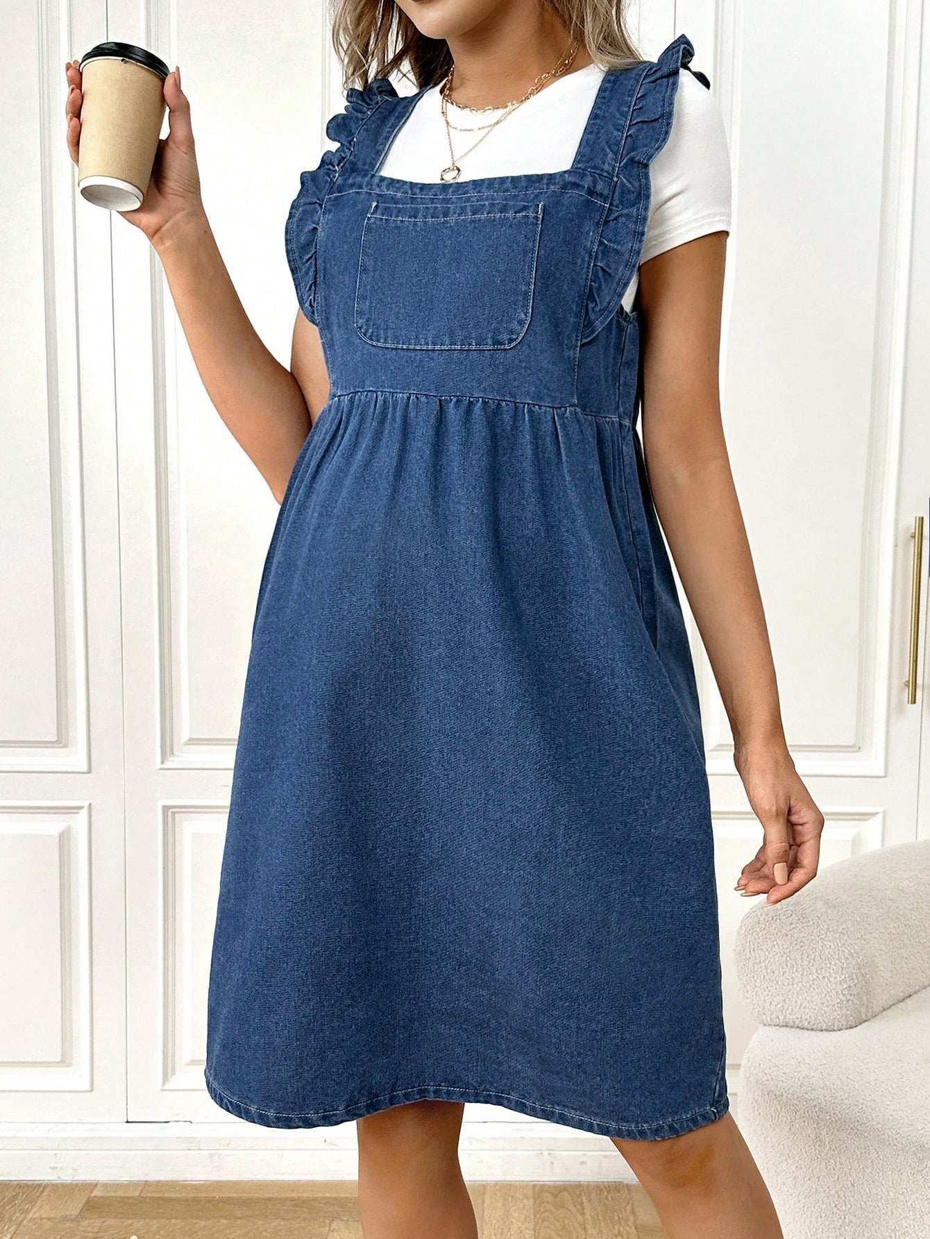 فستان الدنيم الأمومة مع [هملين] تكدرت - Pink&blue