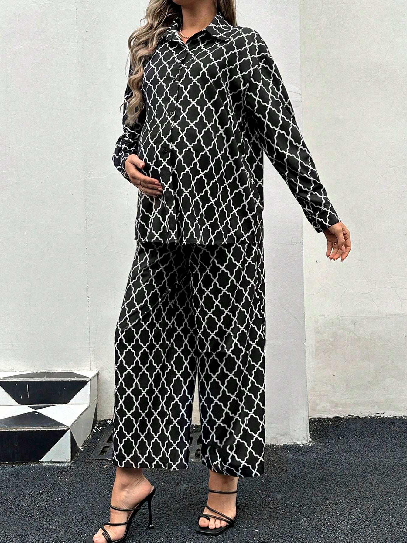 قميص مريح فضفاض عصري للحوامل مع ياقة وأكمام طويلة 2قطعة/طقم - Pink&blue