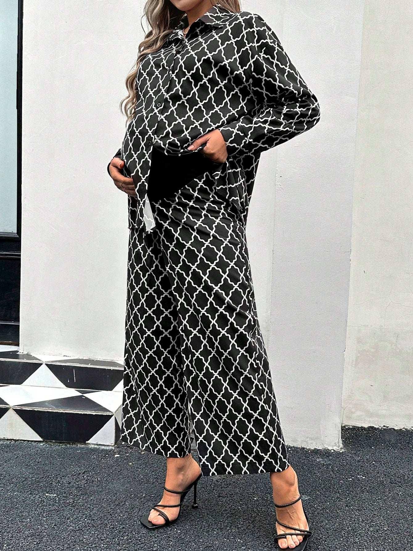 قميص مريح فضفاض عصري للحوامل مع ياقة وأكمام طويلة 2قطعة/طقم - Pink&blue