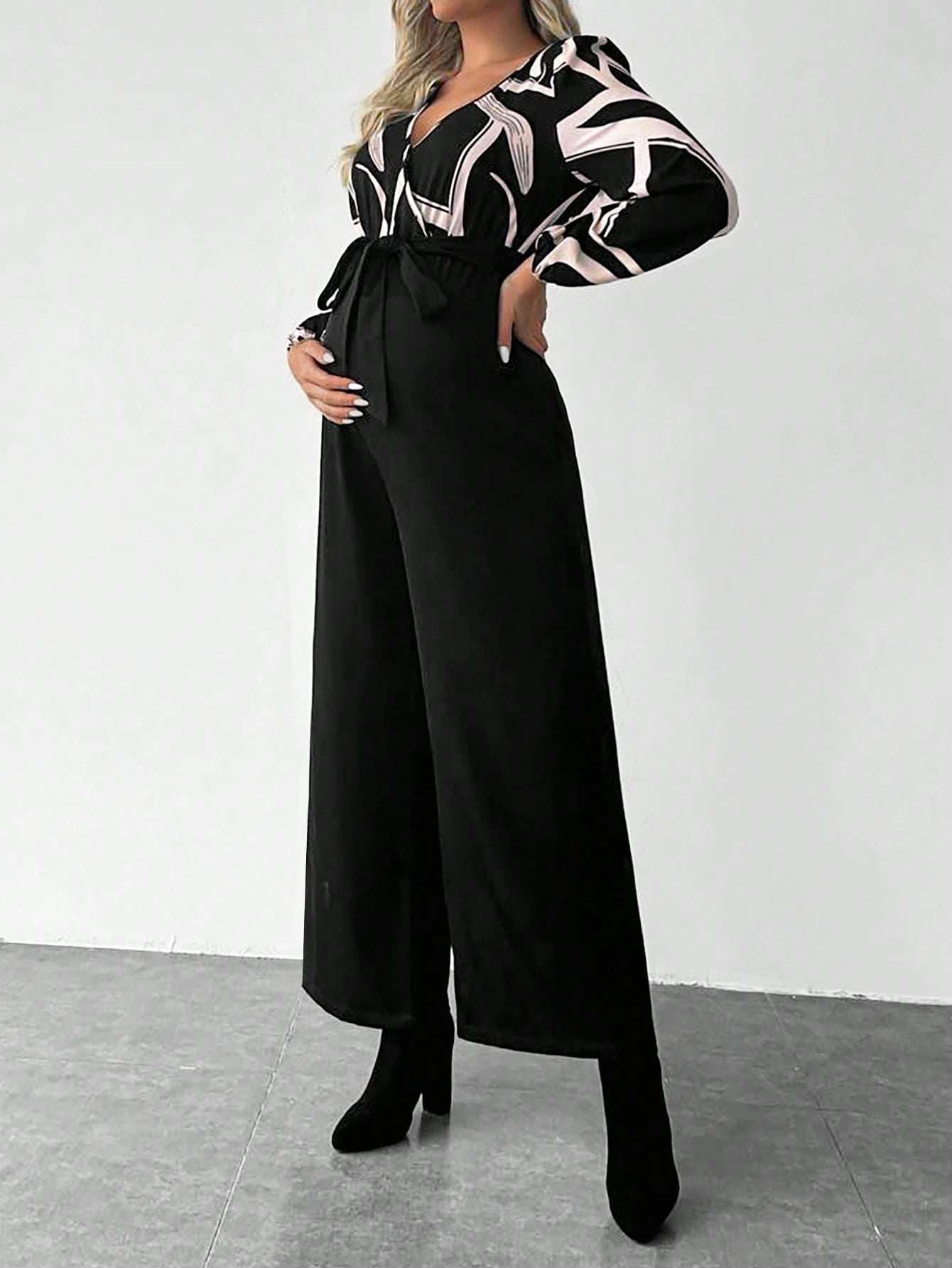 جمبسوت بأكمام فانوس مطبوعة للحوامل مع حزام - Pink&blue