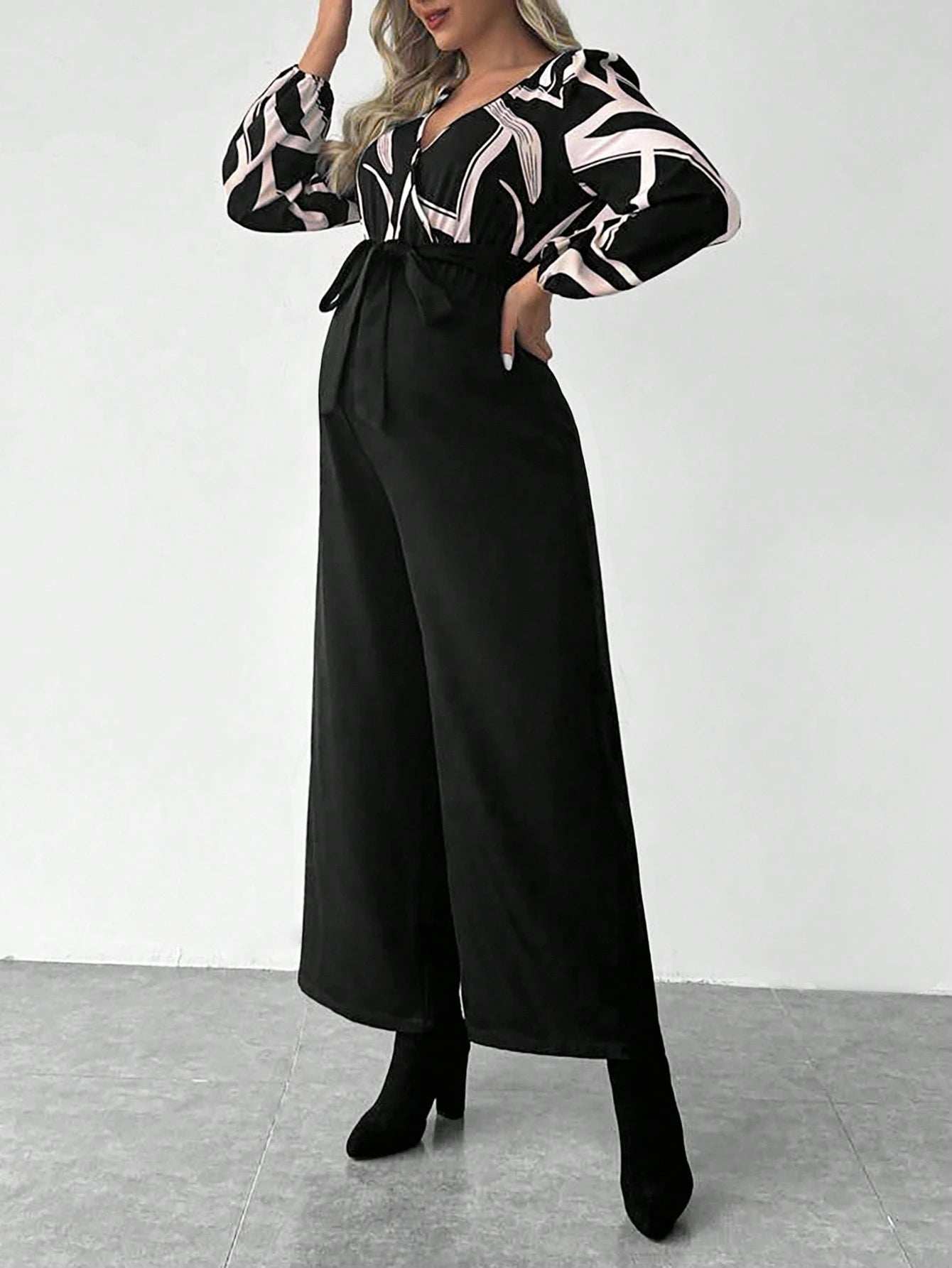 جمبسوت بأكمام فانوس مطبوعة للحوامل مع حزام - Pink&blue