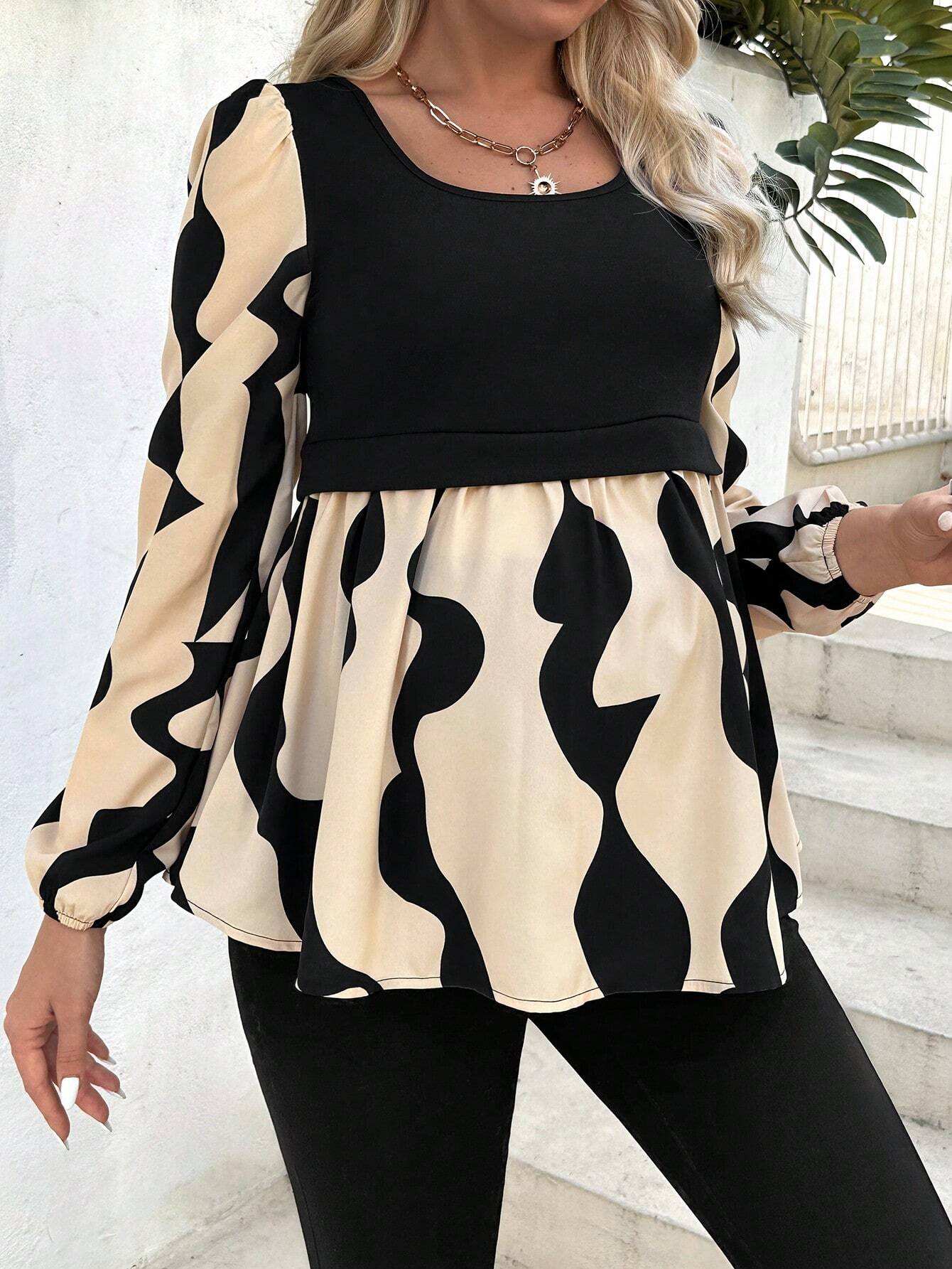 الأمومة طباعة المرقعة فانوس كم القميص - Pink&blue