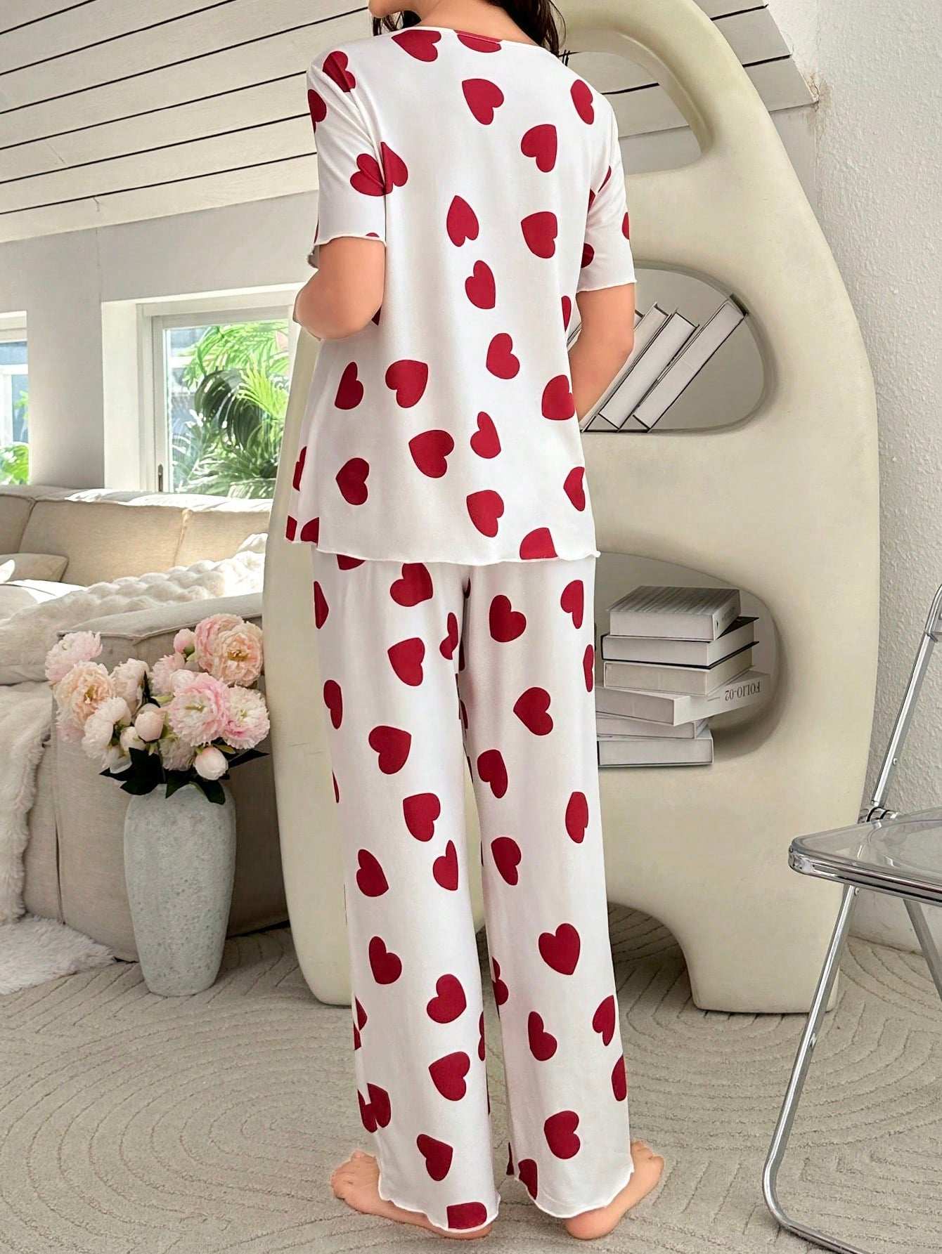 طقم بيجامة قصيرة الأكمام بطبعة قلب للأمومة - Pink&blue