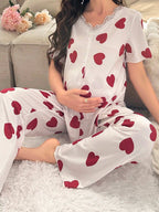 طقم بيجامة قصيرة الأكمام بطبعة قلب للأمومة - Pink&blue